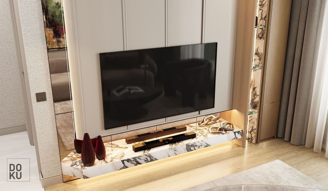 Toker Bulvar 1+1 TV ünitesi detay renderı