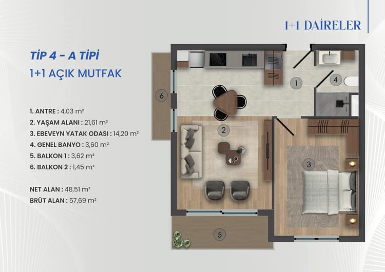 Toker Bulvar 1+1 Açık Mutfak A Tipi daire planı