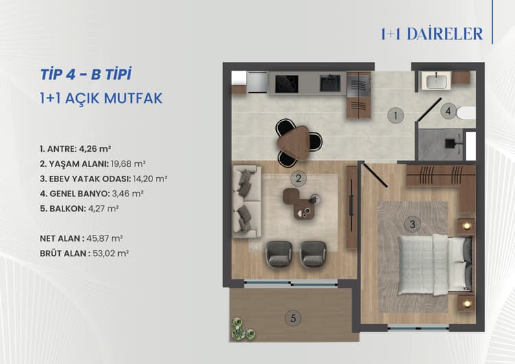 Toker Bulvar 1+1 Açık Mutfak B Tipi daire planı