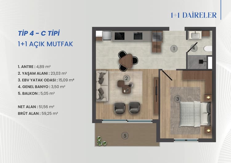 Toker Bulvar 1+1 Açık Mutfak C Tipi daire planı